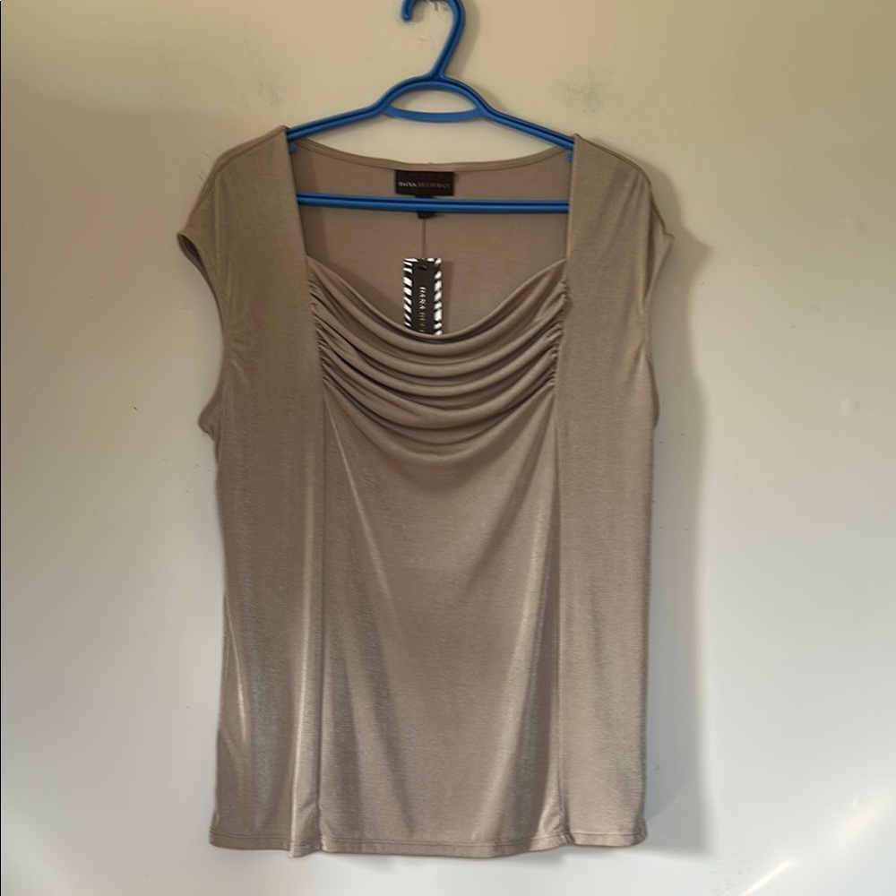 Dana Buchman Taupe Draped Neck Cap Sleeve Top